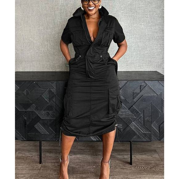 Rust Orange Multi-Pocket Cargo Drawstring Dress – Bold & Functional - Picture 7 of 16